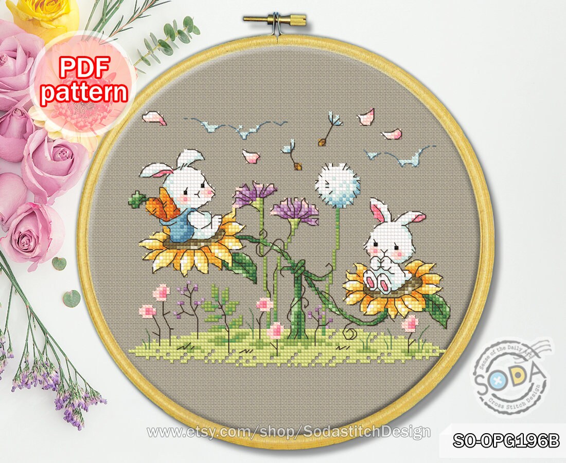 Cross Stitch Pattern Pdf Rabbit Bunny Seesaw Happy Easter Modern, SO ...