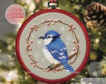 Cross Stitch Pattern pdf Winter Birds Christmas Hoop Ornament Snowflake Simple Easy Cute Animal Download,SO-OP2133 'Winter Bird,Blue Jay'