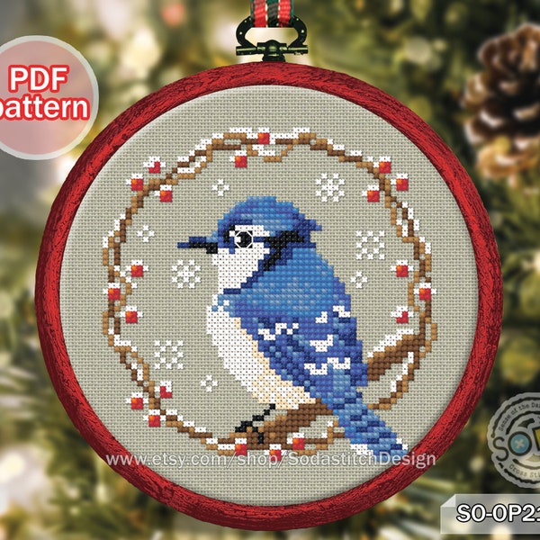 Cross Stitch Pattern pdf Winter Birds Christmas Hoop Ornament Snowflake Simple Easy Cute Animal Download,SO-OP2133 'Winter Bird,Blue Jay'