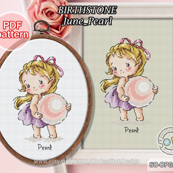 June Birthstone Cross Stitch Pattern pdf Jewl Gem Chart Grid Scheme Easy Digital Download,SSO-OPG137F 'Birthstone_June_Pearl'