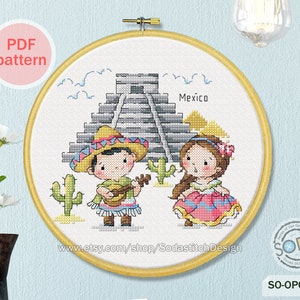 May include: Cross stitch pattern featuring a colorful illustration of a boy and girl in traditional Mexican clothing, a pyramid, and cacti. The pattern is titled "Mexico" and is available as a PDF download.