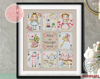 Cross Stitch Pattern pdf, SO-OPG161 'Cards of Alice in Wonder Land'