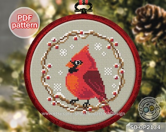 Cross Stitch Pattern pdf Winter Birds Christmas Hoop Ornament Snowflake Simple Easy Cute Animal Download,SO-OP2134 'Winter Bird,CARDINAL'