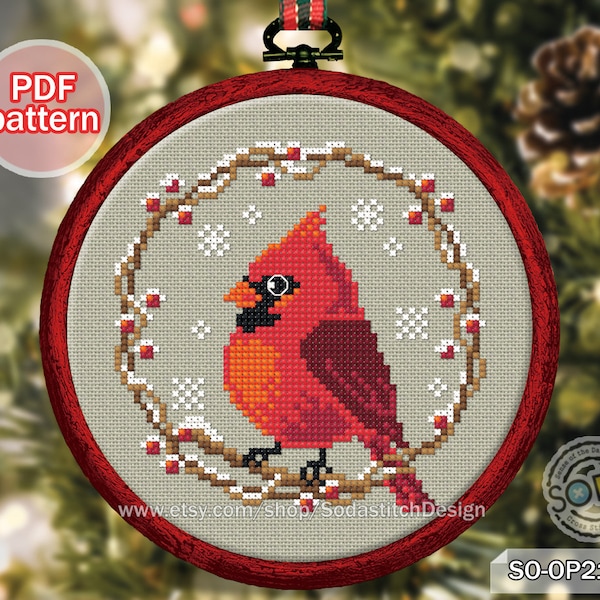 Cross Stitch Pattern pdf Winter Birds Christmas Hoop Ornament Snowflake Simple Easy Cute Animal Download,SO-OP2134 'Winter Bird,CARDINAL'