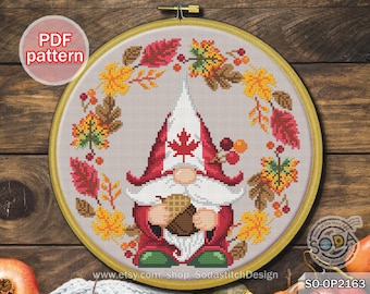 Kruissteekpatroon pdf Gnome Fairy Elf Pixie Fall Maple Canada, SO-OP2163 'Autumn Gnome'