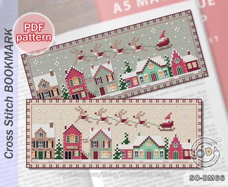 May include: Cross stitch bookmark pattern featuring a winter village scene with houses, snow, and reindeer pulling a sleigh. The pattern is available as a PDF download. The text "SO-BM66" is in the bottom right corner of the image.