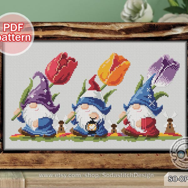 Kreuzstich Stickmuster pdf Wichtel Blumen Niederlande Fee Elfen Serie Modern, SO-OP2140 'Tulpen Lieferung'