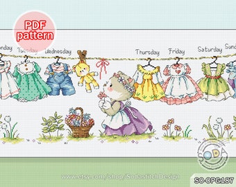 May include: Cross stitch pattern for a cute cat holding a basket of flowers and a line of clothes hanging on a clothesline with the days of the week written above each piece of clothing. The pattern is called "SO-OPG187" and is available on Etsy at www.etsy.com/shop/SodastitchDesign.