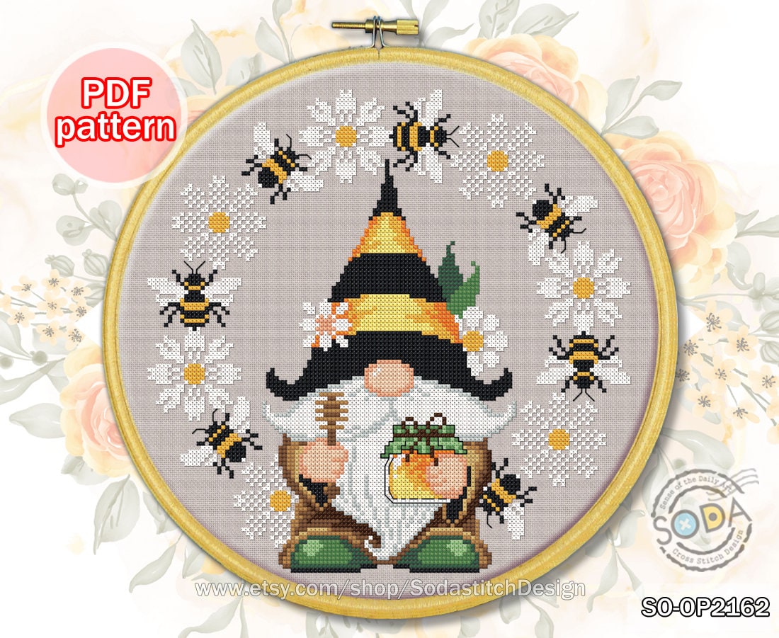 Cross Stitch Pattern Pdf Gnome Fairy Elf Pixie Bee Flower Wreath Hoop,so-op2162  'honeybee Gnome' 