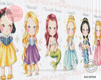 May include: Cross stitch pattern featuring Disney princesses Snow White, Rapunzel, Ariel, Cinderella, Jasmine, and Sleeping Beauty. The pattern is available as a PDF download. The text "SO-OPK9" is in the bottom right corner of the image.