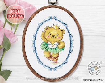 Cross Stitch Pattern pdf Bear Teddy Ballet Animal, SO-OPG175C 'Ballerina Bear'