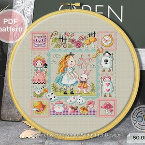 May include: A cross-stitch pattern featuring Alice in Wonderland characters, including Alice, the Queen of Hearts, the Mad Hatter, and the White Rabbit. The pattern is in a colorful, whimsical style and includes the text "SO-OP3177".