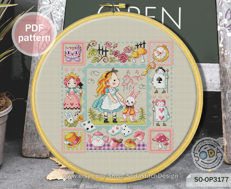 May include: A cross-stitch pattern featuring Alice in Wonderland characters, including Alice, the Queen of Hearts, the Mad Hatter, and the White Rabbit. The pattern is in a colorful, whimsical style and includes the text "SO-OP3177".