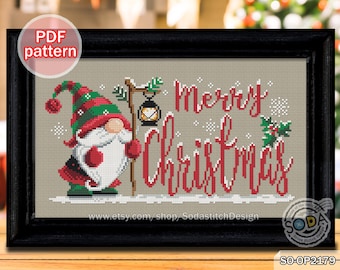 Christmas Cross Stitch Pattern pdf Gnome Santa Fairy Pixie Winter Holiday for Beginner Counted Instant Download,SO-OP2179 &#39;Merry Christmas&#39;
