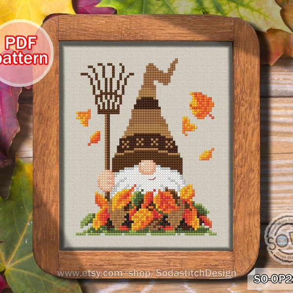 Cross Stitch Pattern pdf Gnome Autumn Fall Elf Fairy Easy Simple Modern for Beginner Download Counted Chart,SO-OP2109C 'Leaves Collector'