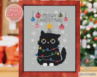 May include: Cross stitch pattern featuring a black cat wearing Christmas lights and a star on top of its head. The text "MEOWY CHRISTMAS" is above the cat.