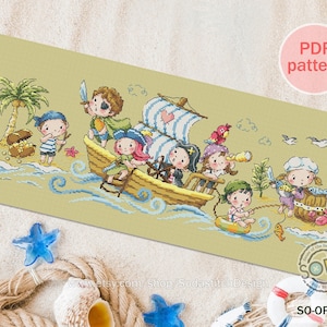 May include: A cross stitch pattern featuring a group of cute cartoon pirates on a boat with a treasure chest and a palm tree. The pattern is titled "SO-OPG134" and is available as a PDF download.