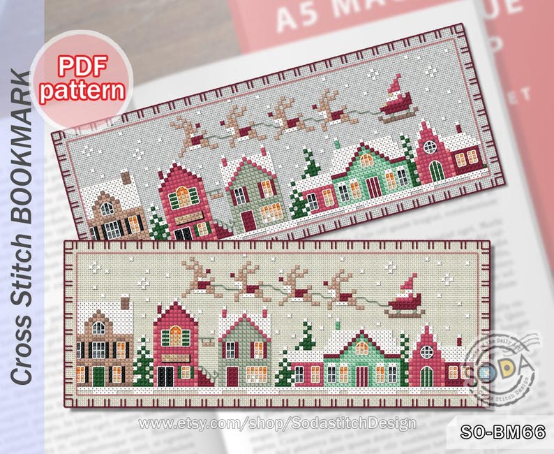 May include: A cross stitch bookmark pattern featuring a winter village scene with red and green houses, snow-covered trees, and reindeer pulling a sleigh with Santa Claus. The pattern is available as a PDF download. The text "SO-BM66" is in the bottom right corner of the image.