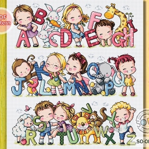 May include: A cross-stitch pattern featuring a colorful alphabet with cute cartoon characters. Each letter is surrounded by a different animal or object, such as a giraffe, a monkey, and a lion. The pattern is perfect for a nursery or children's room.