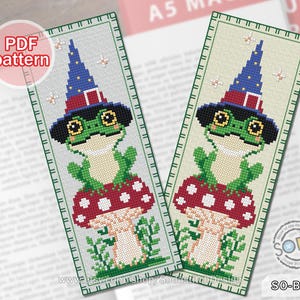 May include: A cross stitch bookmark pattern featuring a green frog wearing a blue and white wizard hat, sitting on a red and white mushroom. The pattern is titled "PDF pattern" and the bookmark is labeled "SO-BM70".