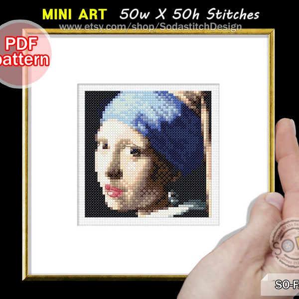 by Vermeer,Mini Small Tiny Famous Paintings Masterpiece Cross Stitch Pattern pdf,SO-FA35 'Girl with a Pearl Earring by Johannes Vermeer'