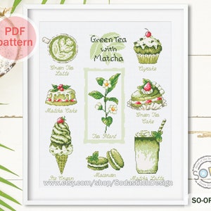 Green Tea Cross Stitch Pattern,Tea Plant Matcha Latte Ice Cream Cup Cake Modern Instant pdf Download Counted Chart,SO-OPG166 &#39;Green Tea&#39;
