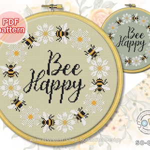 Cross Stitch Pattern pdf 'Bee Happy' Honey Bee Good Text Quotes Wreath Simple Easy for Beginner,SO-Q44 'Bee Happy'