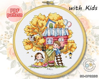 Cross Stitch Pattern pdf Tree House Autumn Fall Four Seasons Modern Instant pdf download counted ,SO-OP3236 'Treehouse of Fall'
