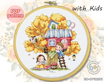 Cross Stitch Pattern pdf Home Autumn Four Seasons Modern, SO-OP3236 'Treehouse of Fall'