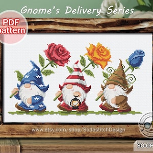 May include: Cross stitch pattern featuring three gnomes carrying flowers. The gnomes are wearing red, blue, and brown hats. The flowers are red, yellow, and blue. The pattern is titled "Gnome's Delivery Series" and includes the website www.etsy.com/shop/SodastitchDesign. The pattern is labeled "PDF pattern".