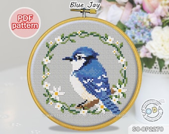 Cross Stitch Pattern pdf Birds Hoop Ornament Animal , SO-OP2270 'Blue Jay'
