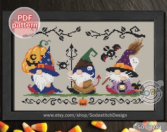 Cross Stitch Pattern pdf Fairy Elf Pumpkin Ghost Autumn Fall Modern, SO-OP284 'Halloween Gnome'
