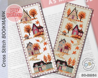 May include: Cross stitch bookmark pattern featuring a charming autumn scene with houses, trees, and falling leaves. The pattern is available as a PDF download. SO-BM64