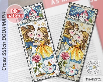 Cross Stitch Pattern pdf Bookmark Reading Fairy Tale Story Book, SO-BM41 'Beauty and the Beast'