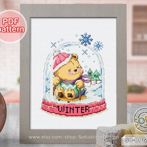 Kruissteekpatroon pdf Vier seizoenen winterteddyberen schattig dier modern Instant pdf download getelde grafiek, SO-OPG157D 'Bear Water Ball'
