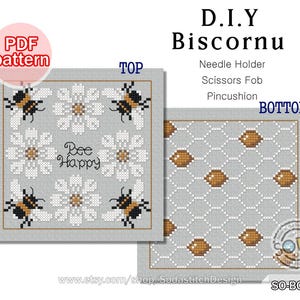 Kruissteekpatroon pdf Biscornu-naaldhouder Speldenkussen Schaar Sleutelhanger Bij Insect Insect Natuur Modern Download, SO-BC104 &#39;Biscornu_Honeybee&#39;