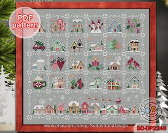 May include: A cross-stitch pattern for a Christmas advent calendar featuring 24 different scenes of houses, trees, and other holiday imagery. The pattern is in a gray and white color scheme with pops of red, green, and blue. The pattern is titled "SO-OP2248" and includes the website address "www.etsy.com/shop/SodastitchDesign".