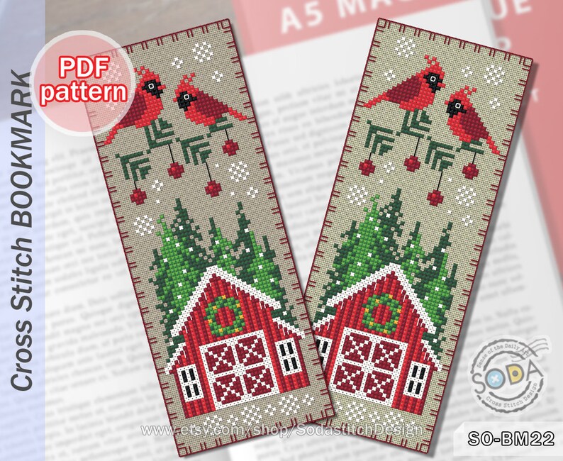 Cross Stitch Pattern Pdf Bookmark Reading Christmas Cardinal Modern, SO ...
