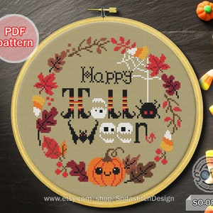 cross stitch pattern pdf halloween pumpkin witch spider cute simple for beginner modern ,SO-OP231 &#39;Happy Halloween&#39;