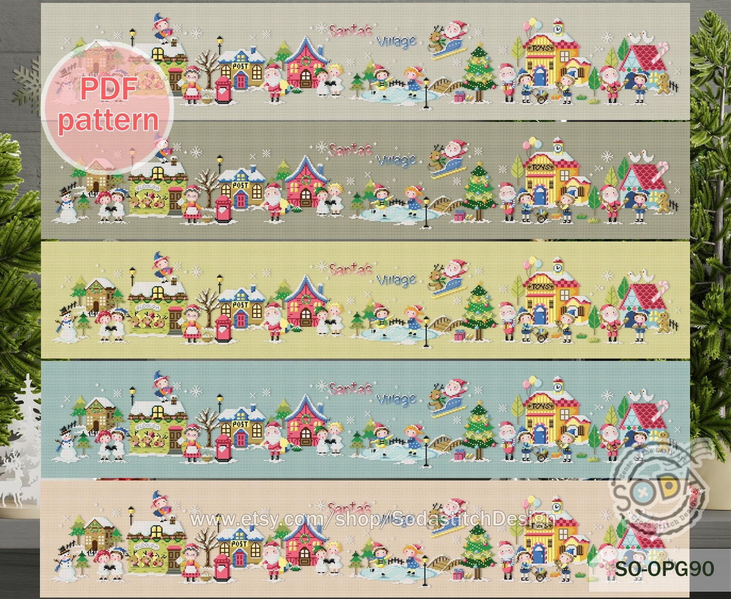 Cross Stitch Pattern pdf Christmas Winter Snowman Modern, SO-OPG90 'Santa Village 2'