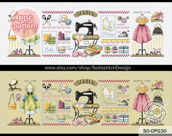 May include: A cross stitch pattern featuring a sewing theme with a sewing machine, fabric, buttons, thread, and two dresses. The text "SEWING" is displayed in a banner above the scene. The text "SO-OPG30" is displayed in the bottom right corner of the image.
