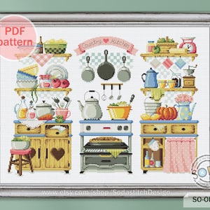 Kitchen Decor Cross Stitch Pattern,Dish Shelf Bowl Xstitch Grid Scheme Modern Instant pdf Download Counted Chart,SO-OPG53 &#39;Country Kitchen&#39;