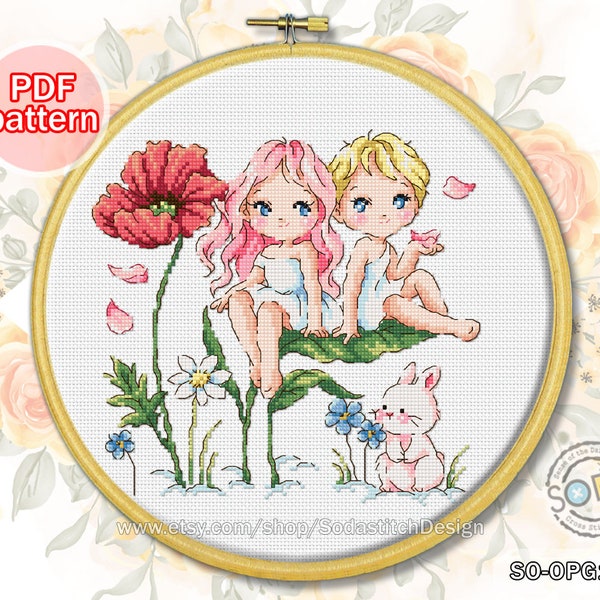 Cross Stitch PDF pattern Angel Fairy Elf Pixie Sprite Poppy Clouds Kids Modern Scheme Instant PDF Download,SO-OPG159A 'Garden on the Cloud'