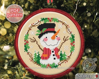 Christmas Cross Stitch Pattern pdf Snowman Snowflake Wreath Hoop Ornament Winter Mini Easy for Beginner Download,SO-OP2127B 'SNOWMAN'