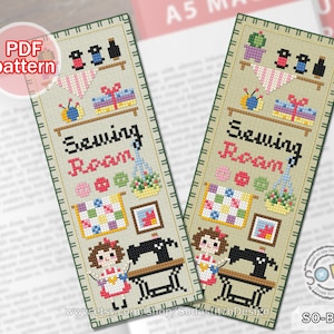 May include: Two cross-stitch bookmarks with a sewing room theme. Each bookmark features a detailed design with shelves holding sewing supplies, the words "Sewing Room", and a cartoon of a girl with a sewing machine. The text "PDF pattern" is also visible.