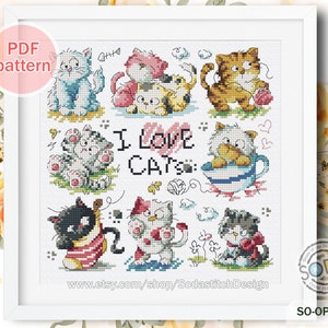 Cats Cross Stitch Pattern,Cute Animal Kitten Kitty Modern Instant pdf Download Counted Chart,SO-OP3180 &#39;I LOVE CATS&#39;