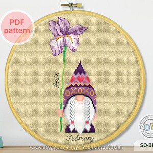Birth Month Flower, February,Iris Gnome Garden Elf modern instant pdf download counted chart,SO-BF2 'Birth Flower of February' image 4