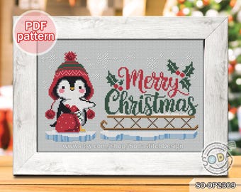 Patrón de punto de cruz en PDF: Animales navideños modernos de invierno, SO-OP2309 'Feliz Navidad_Pingüino Papá Noel'
