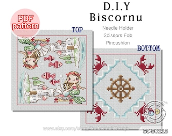 Cross Stitch Pattern pdf Needle Holder Pincushion Fairytale Princess Modern, SO-BC113 'Biscornu_Little Mermaid'