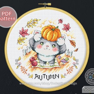 Kruissteekpatroon pdf Four Seasons Autumn Cat Kitty Kitten Modern Instant pdf Download getelde grafiek, SO-OP3242 'Herfstkat'